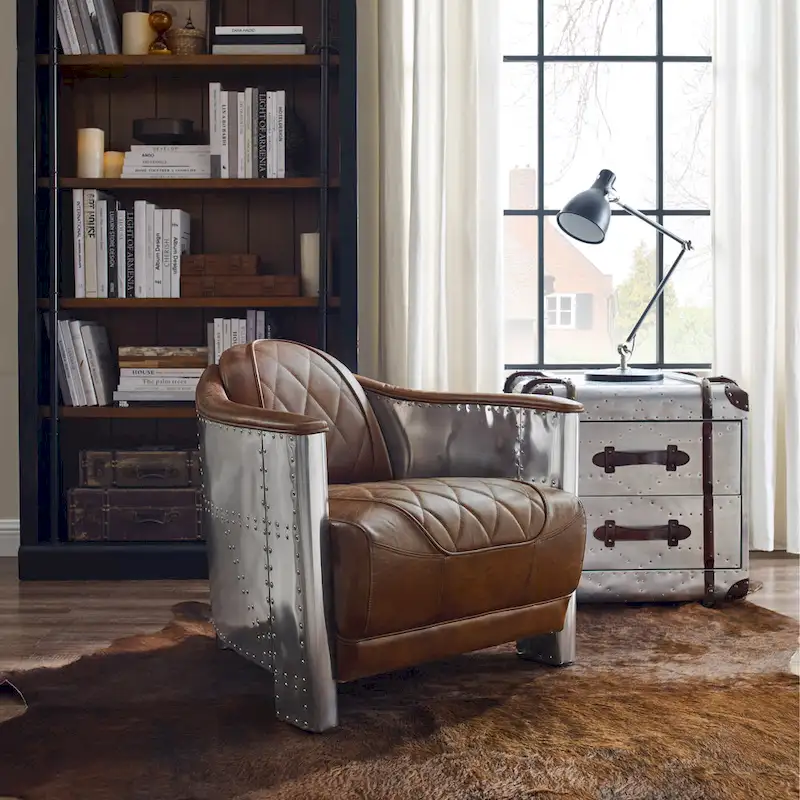 Art Leon IndustrIal Retro Top Grain Leather & Aluminum Accent Chair