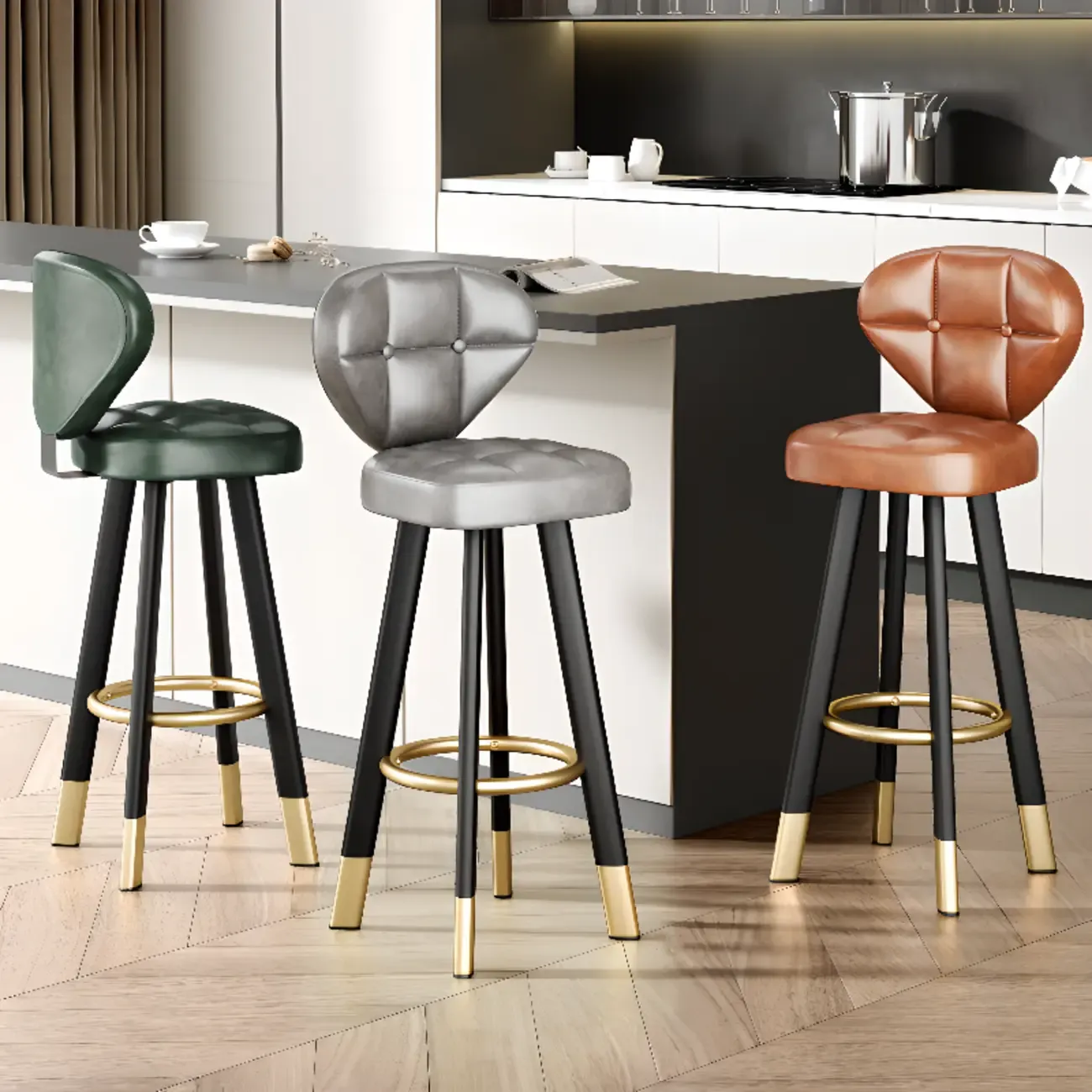 Modern Tufted Counter Height Bar Stools with Metal Footrest