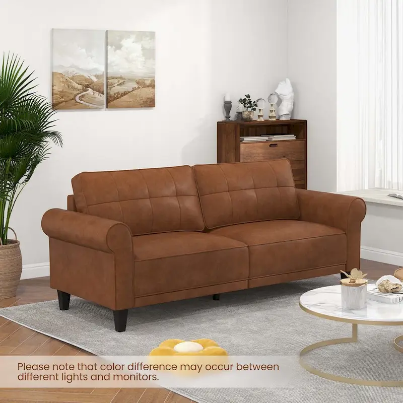 Modern Sofa Couch PU Leather 3-Seater with 2 Back Pillows Wooden Legs