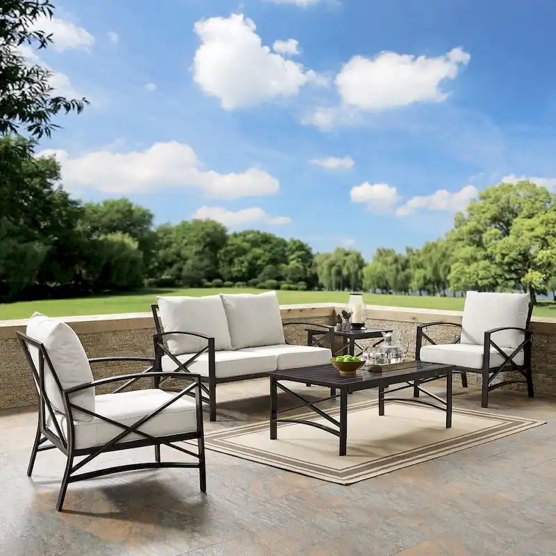 Crosley kaplan 5 pc outdoor seating set with oatmeal cushion - loveseat, two chairs, coffee table, side table