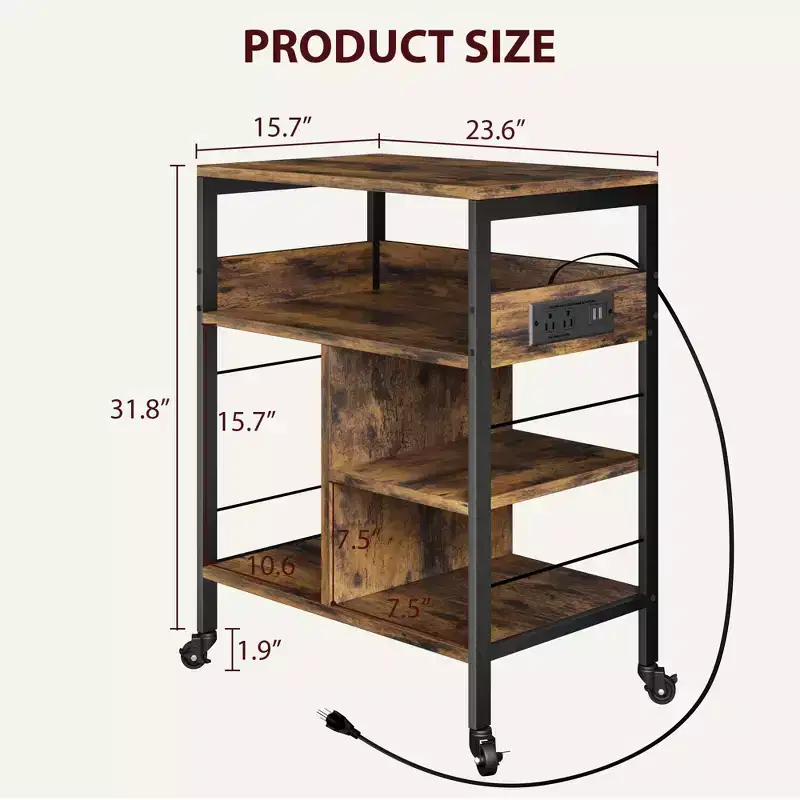Printer Stand, 4-Tier Mobile Printer Cart with 2 Outlets & 2 USB Ports - Rolling Industrial Stand (Home Office/Scanner/Fax)