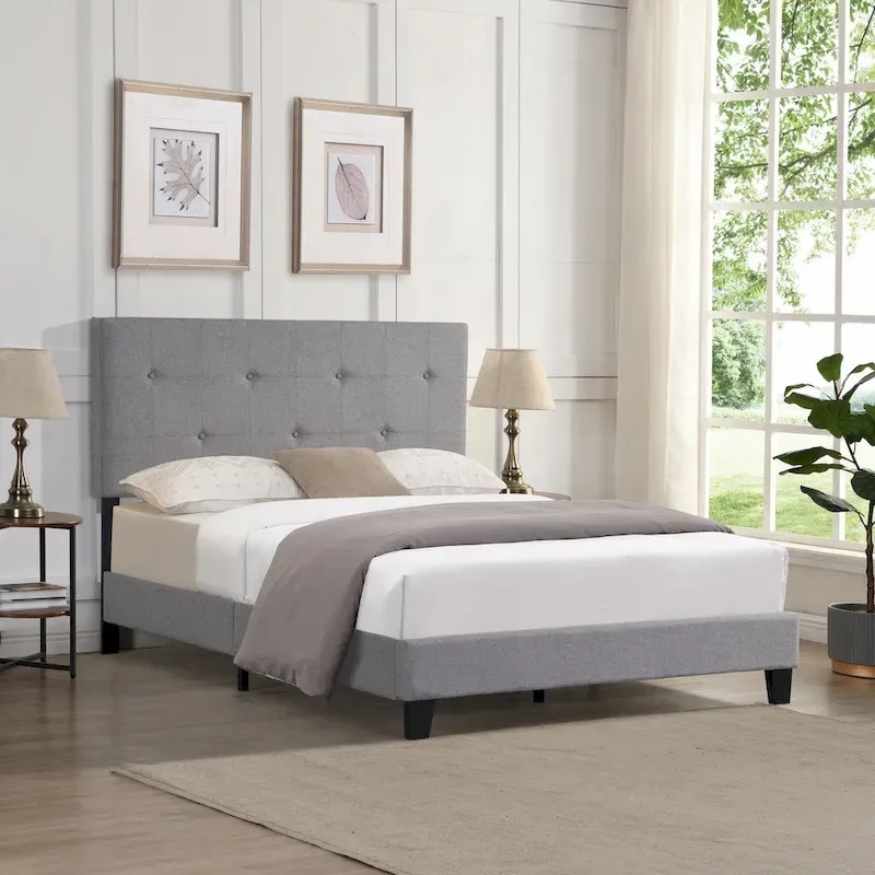 Full Size Grey Linen Platform Bed, Pull Point Tufted Headboard, Wood Slat Support, 500 LBS Capacity