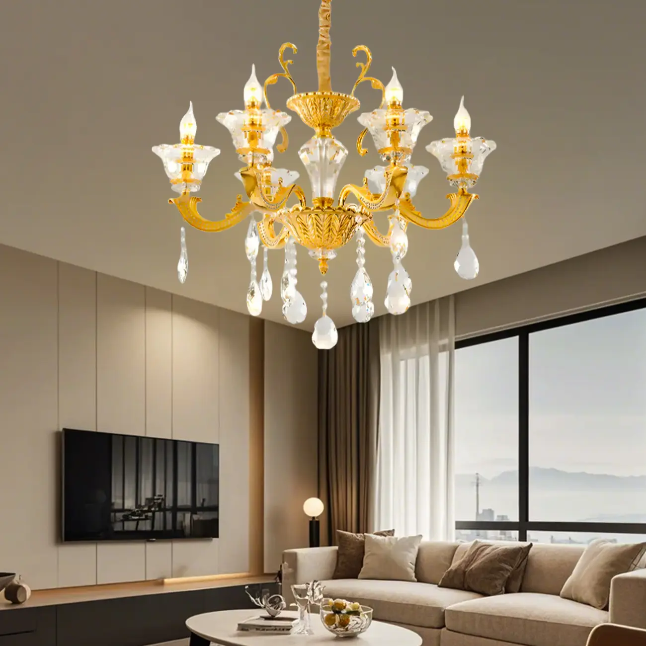 Living Room Golden Crystal Pendant Up Light Chandelier With Candelabra