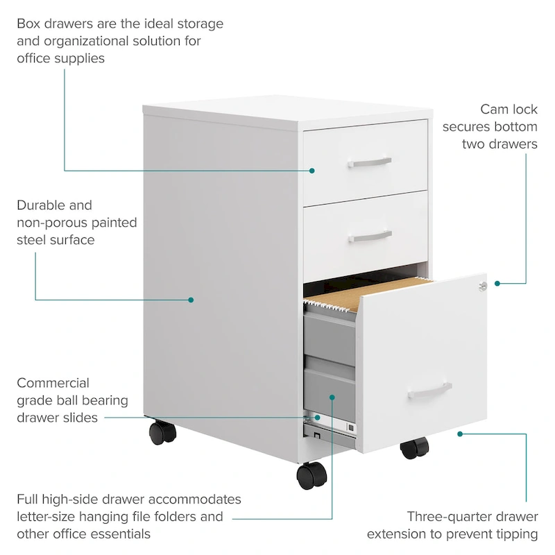 Space Solutions 18 Deep 3 Drawer Mobile Metal Cabinet, Pearl White