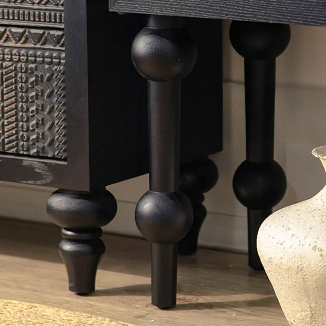 Artistic Pattern Wood Black Cabinet Sideboard in 3-Shelf