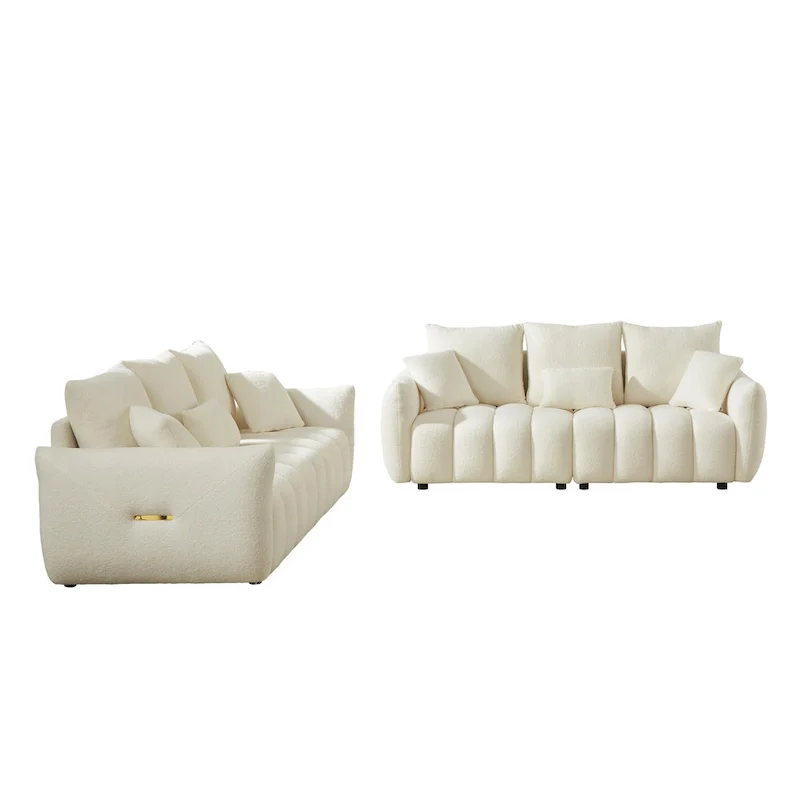2-Pieces 6-Seat Teddy Fabric Sectional Sofa Set (3+3) with Wooden Frame & 6 Pillows
