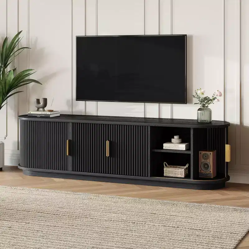 JVNOXK 66-inch Recessed Farmhouse-Style Wooden TV Stand with Gold Handles, Suitable for TVs 75 inches and under; Features Sliding Roller Doors, Black