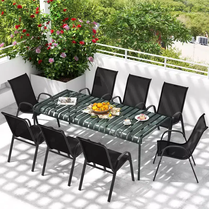 Costway 4PCS Patio Stacking Dining Chairs w/ Curved Armrests & Breathable Seat Fabric