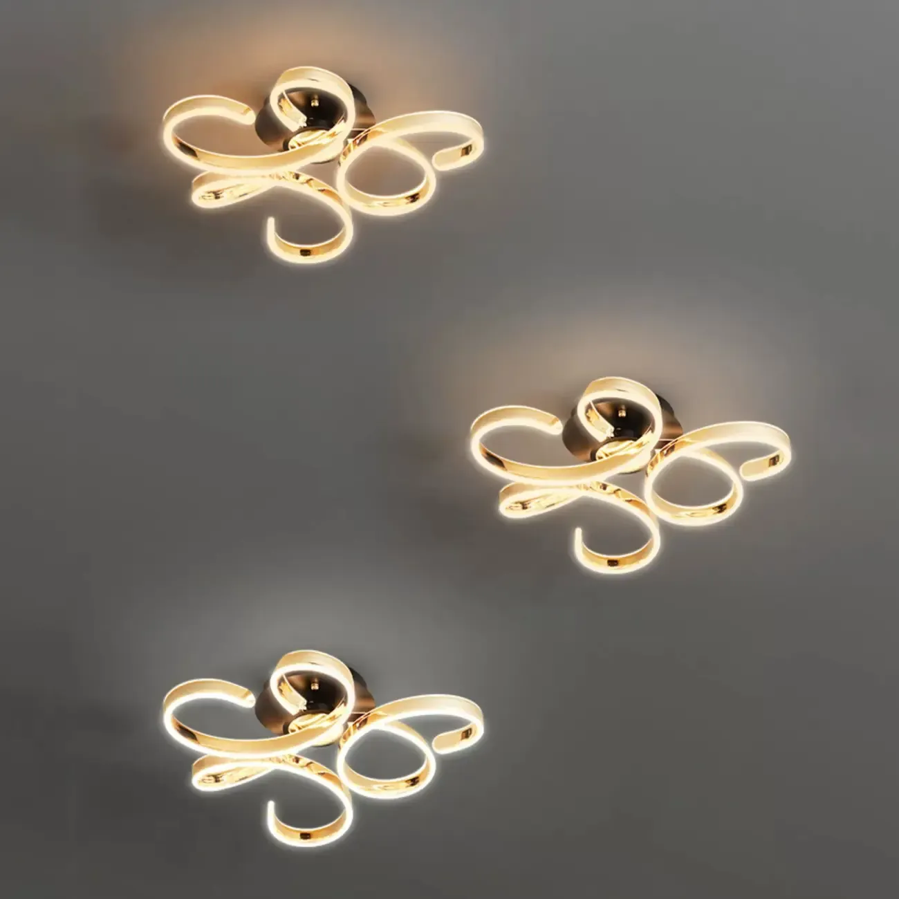 Gold Ribbon LED Semi Flush Ceiling Light 3-Gear Dimming