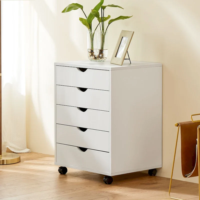 White/Black MDF 5-Drawer Mobile Storage Cabinet with Metal Slides & 4 Casters (2 Locking)