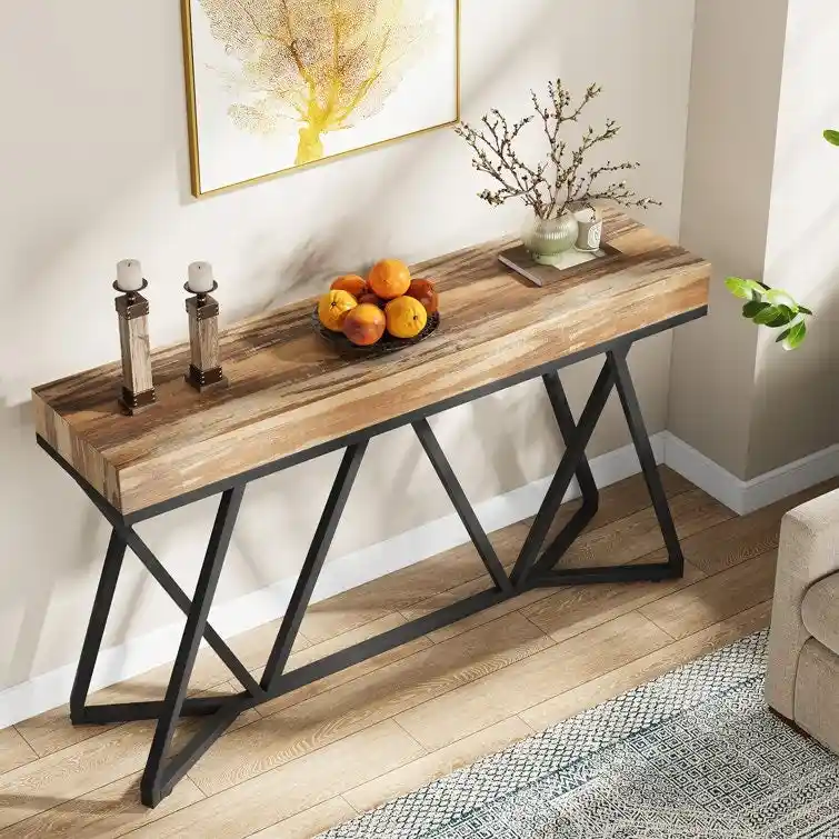 55 Inch Wood Console Table, Sofa Table Entryway Table with Unique Metal Legs