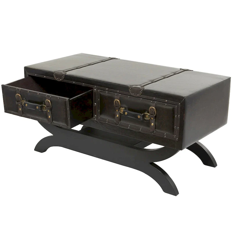 Faux Leather Vintage Faux Leather 2 Drawer Coffee Table with Curved Style Leg Stand - Dark Brown - Roche River Decor