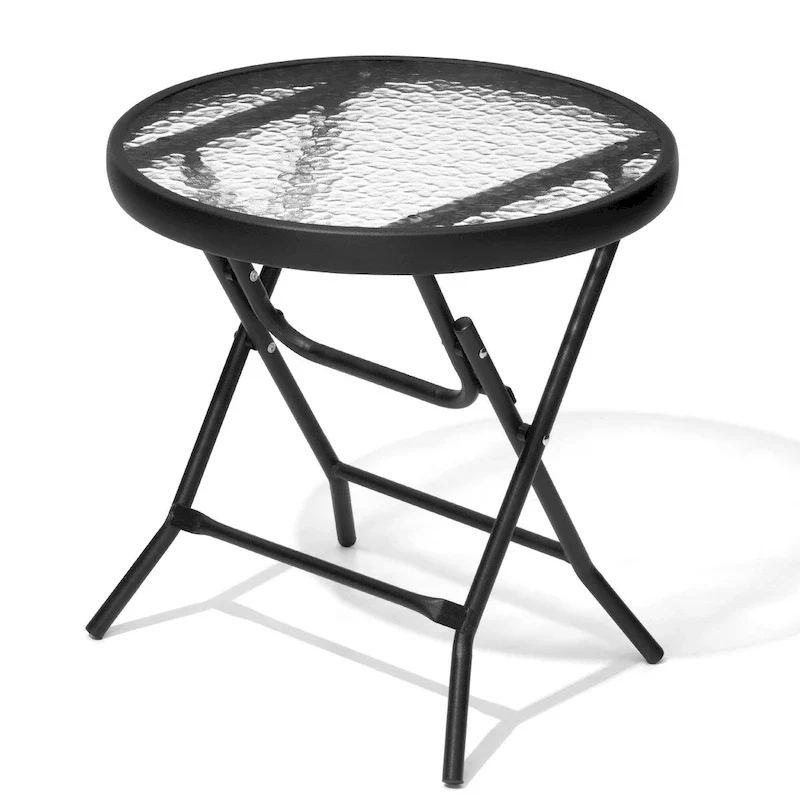 Outdoor Patio Folding Round Table Tempered Glass Top