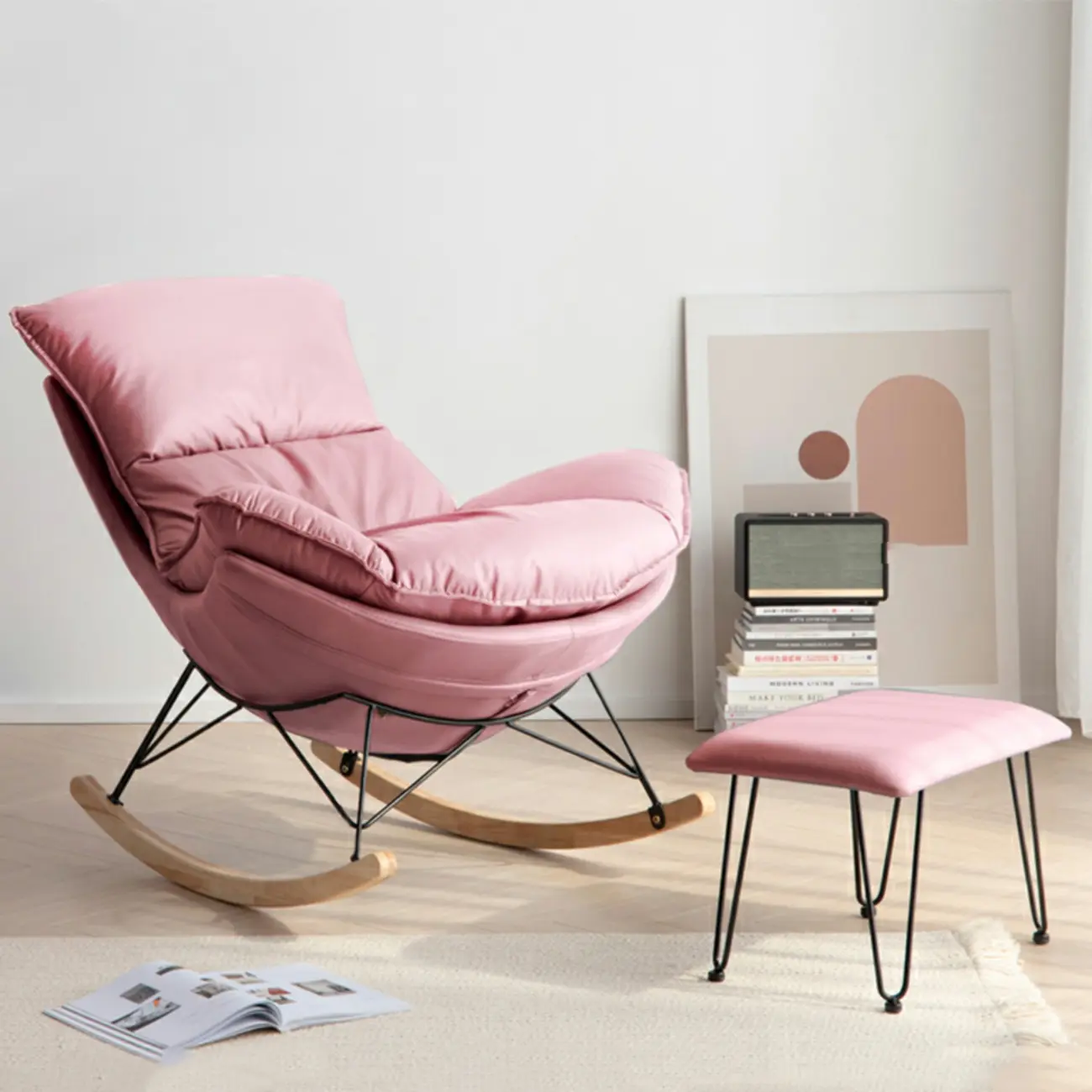 Mid Century Modern Upholstered Rocking Chair with Ottoman