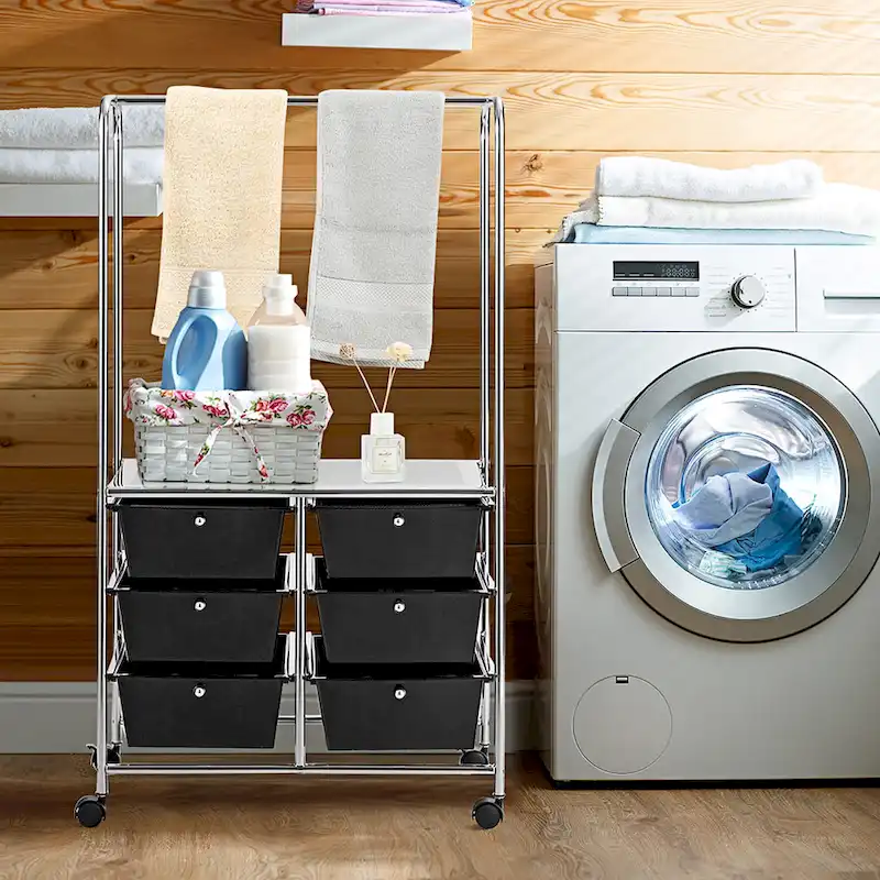 6-Drawer Rolling Storage Cart with Hanging Bar & Large Shelf - 25 x 14.5 x 44 in