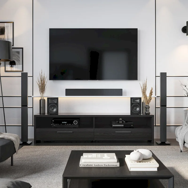 Black Faux Wood Grain TV Stand with Drawers & Open Shelving – Fits TVs up to 95