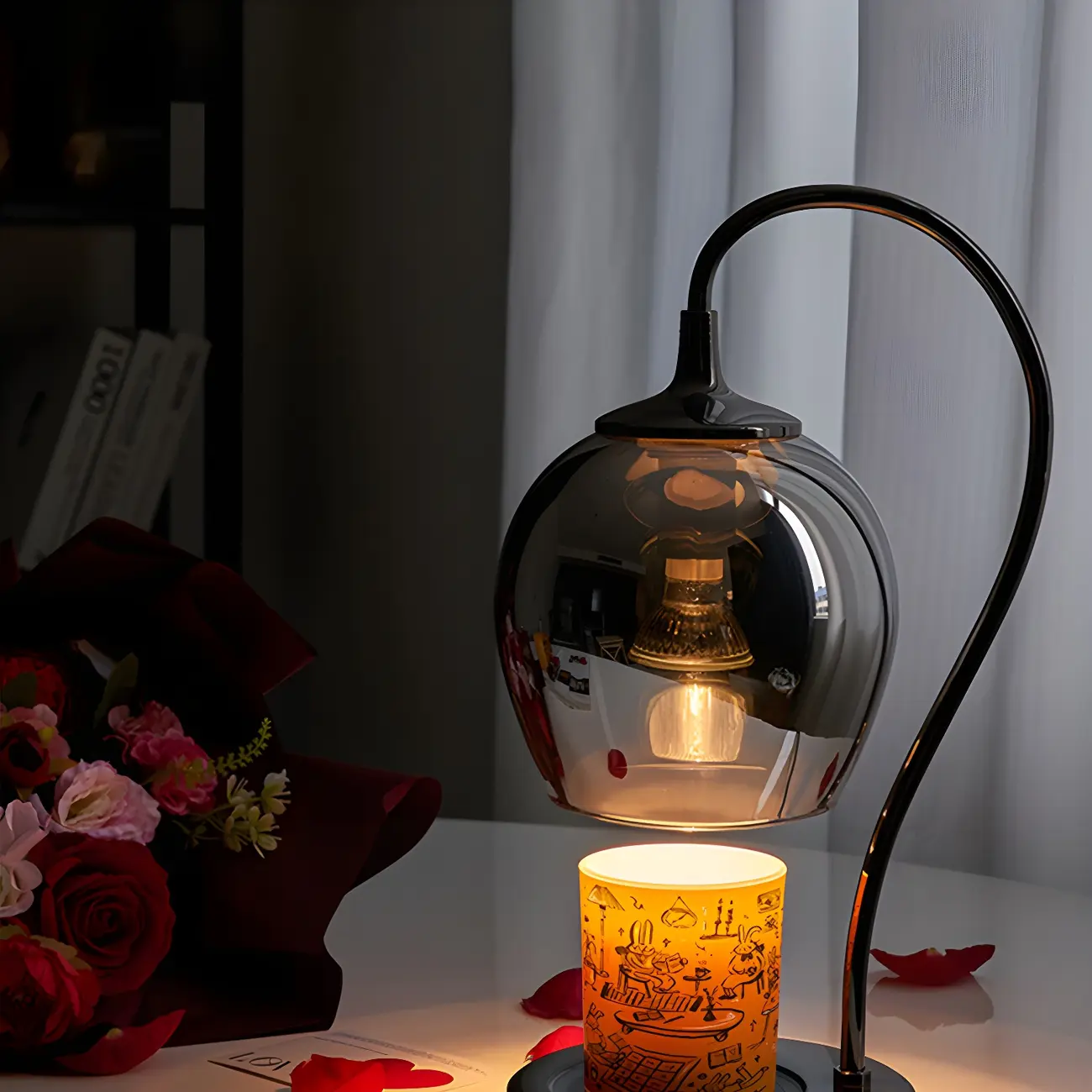 Modern Black Metal Glass Globe Table Lamp with Cup Holder Base
