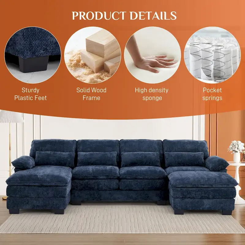 Soft Chenille Fabric U-Shaped Sectional Sofa with Double Layer Cushion