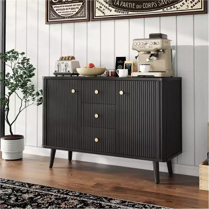 COZONY 47 Modern Fluted Sideboard Buffet Cabinet, 3 Drawers, Slim Storage Cabinet, Wood Coffee Bar Station for Dining Room, Living Room