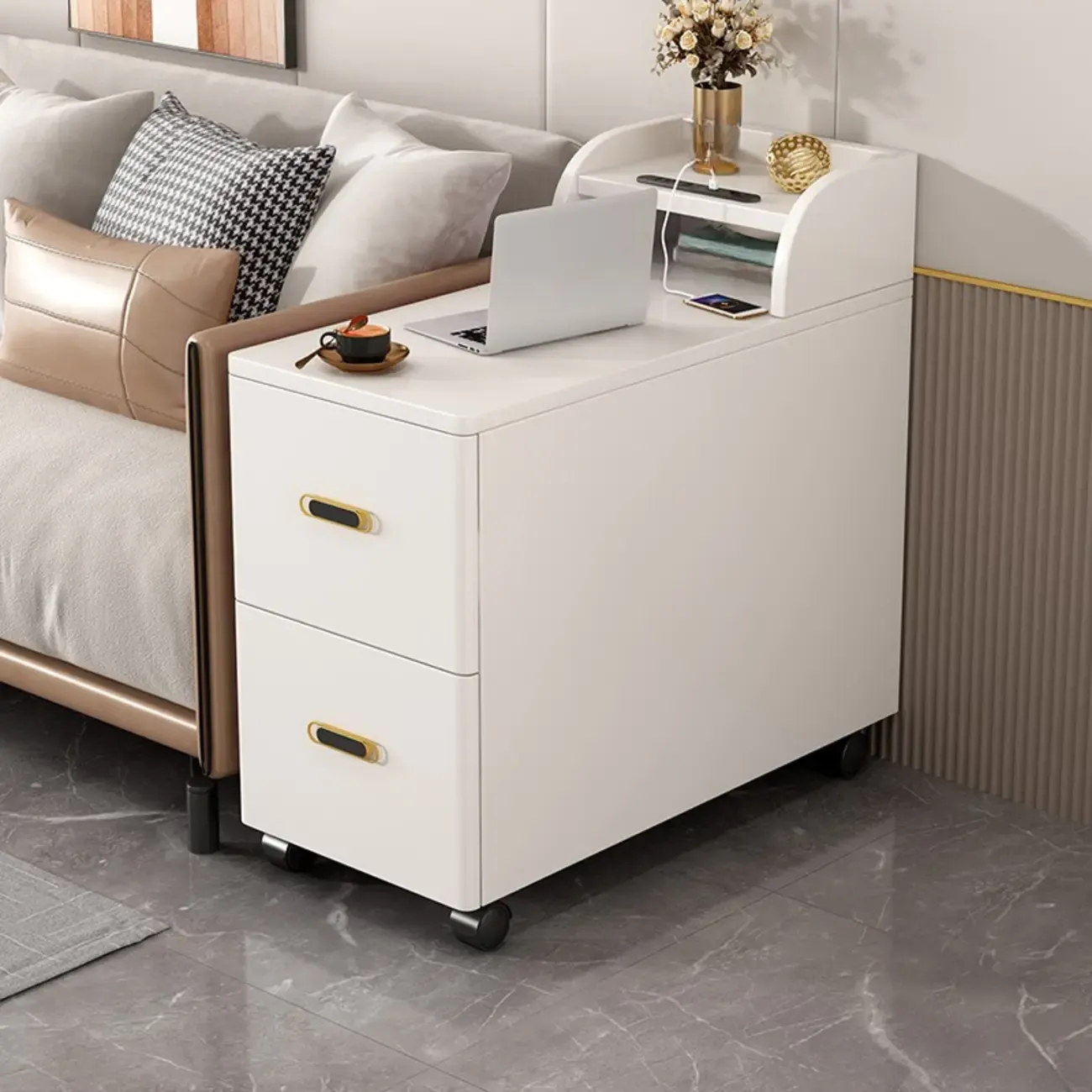 Narrow Rolling White 2-Drawer End Table with USB Charge