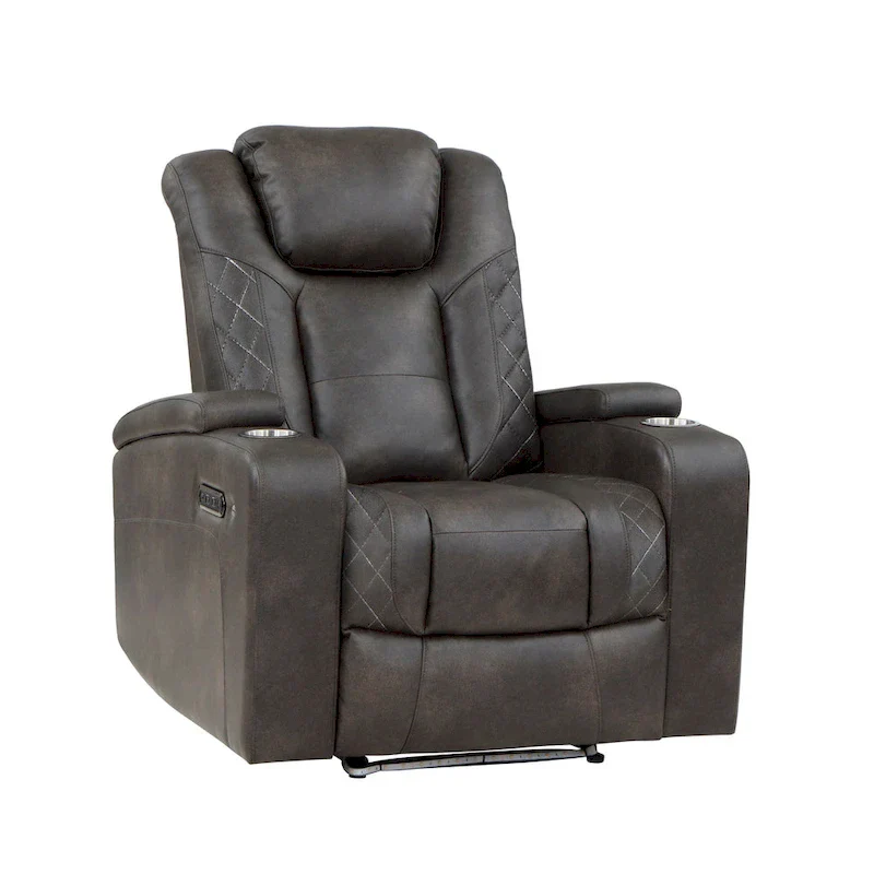 Mia 40 Inch Power Recliner Chair, Gray Faux Leather, LED, USB, Cupholders