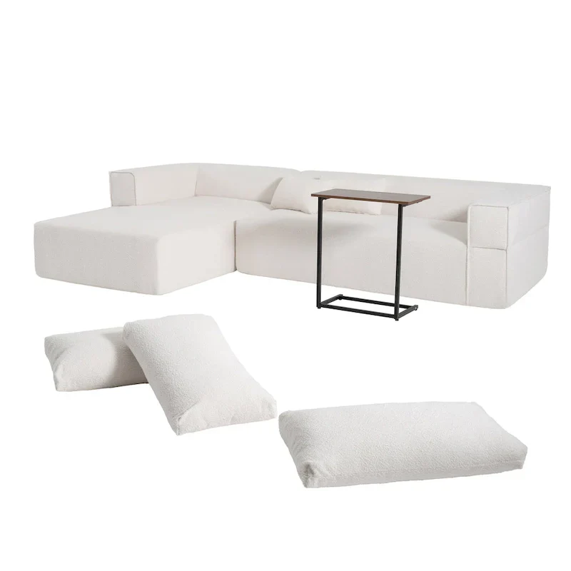 112 Boucle Modular Sectional Sofa with Free Side Table, Wide Seat Design and No Assembly Required
