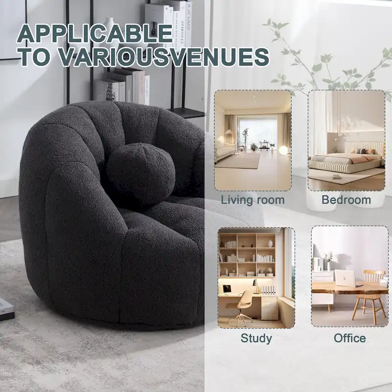 HOMEFUN Boucle Upholstered Round Lazy Cozy Bean Bag Chair With a Pillow