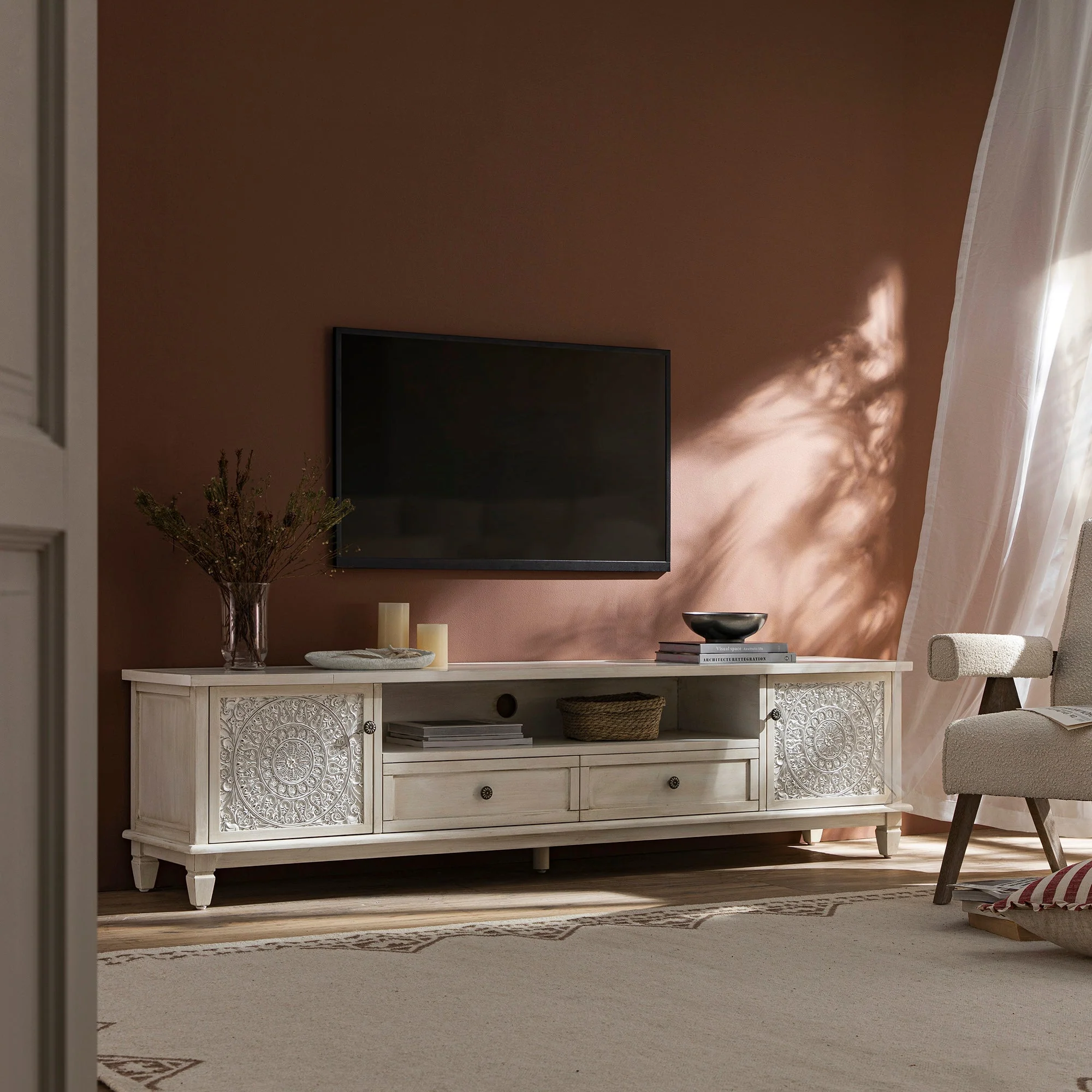 Whitewashed 79 Wide TV Stand