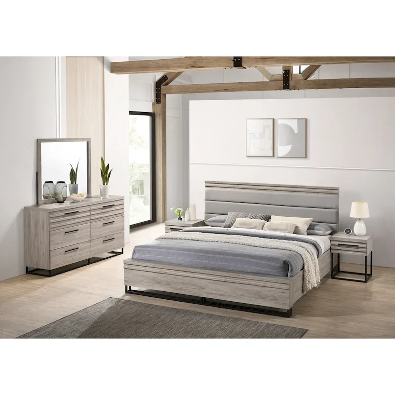 Upholstered Wood Panel Bed, Dresser, Mirror, and 2 Nightstands, Weathered Gray