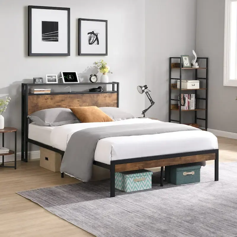 Black Queen Metal Platform Bed Frame with Wood Headboard & Footboard, 2-Person