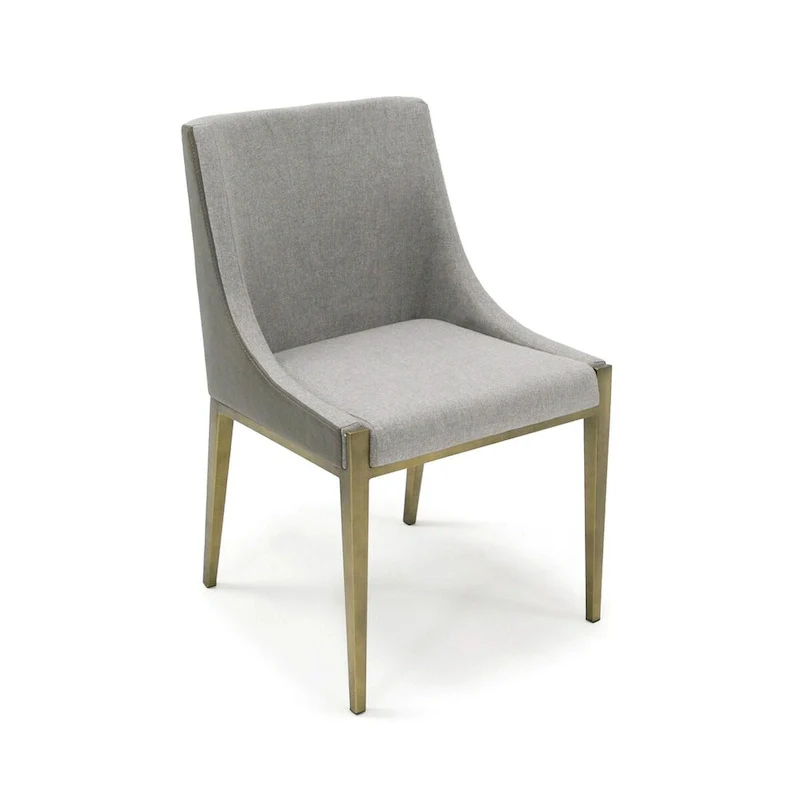 Shyla 21 Inch Dining Chair, Sloped Arms, Gray Faux Leather, Brass Base