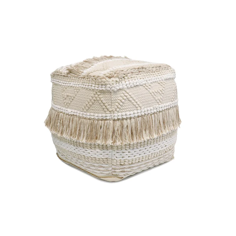 Beige Square Handwoven Cotton Pouf, 1-Person