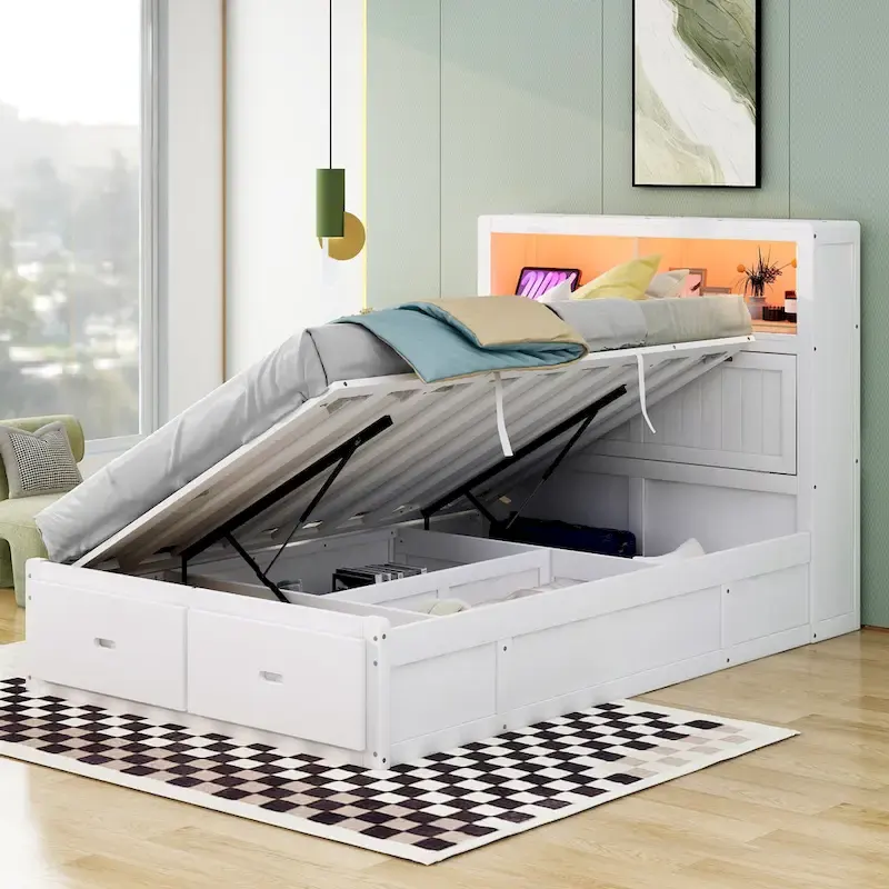 White Full Size Bed with LED Storage Headboard, Charging Station & 2 Drawers