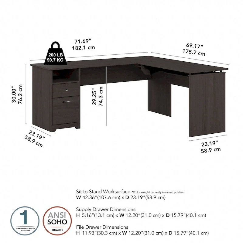 72W 3-position L-shaped Sit to Stand Desk by Bush Furniture