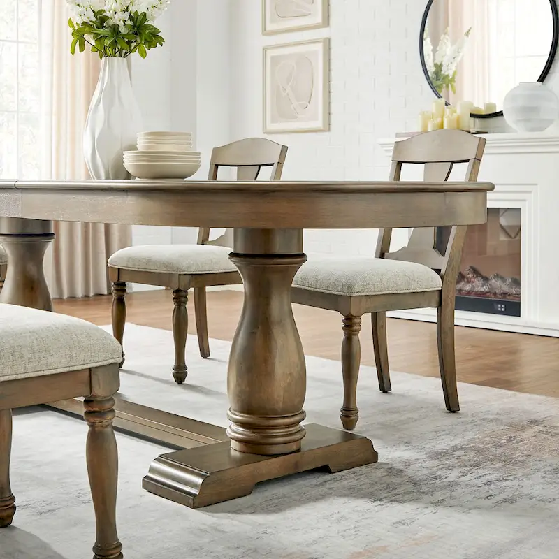 7 Pcs Solid Wood Dining Table Set, , Kitchen Extendable Dining Table Set with Curved Table and 6 Upholstered Chairs