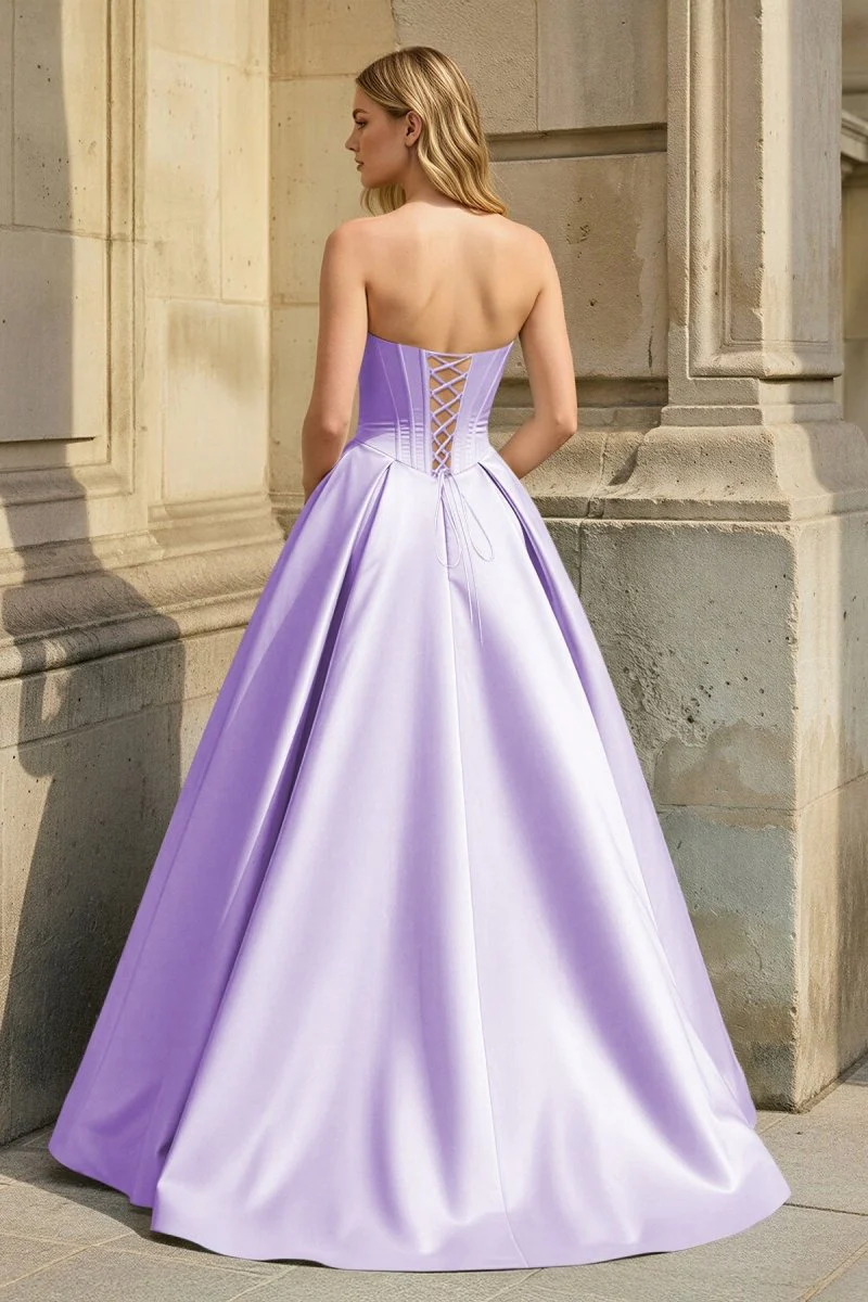 Pink Strapless A Line Pleated Satin Long Prom Dresses With Flower