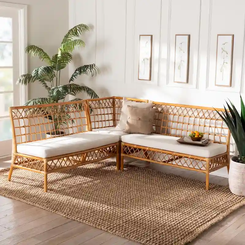 Modern Bohemian Honey Rattan 3-Piece Dining Nook Banquette Set