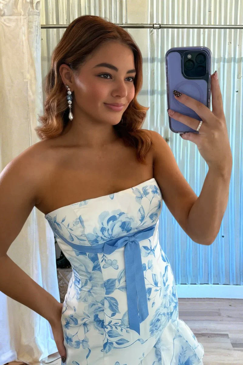 Blue Sheath Strapless Chiffon Ruffled Prom Dresses With Bow