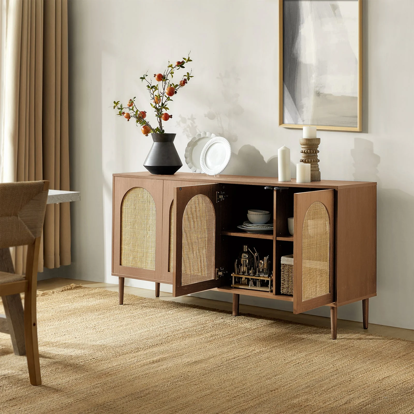 63 in Rattan Texture 4-Door Sideboard with Soft-Close Doors, Removable Shelves & Solid Wood Legs | Oak / Black | Single