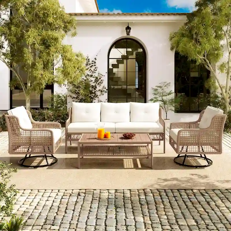 4-Piece Rattan Conversation Sofa Set with Swivel Chairs & Table