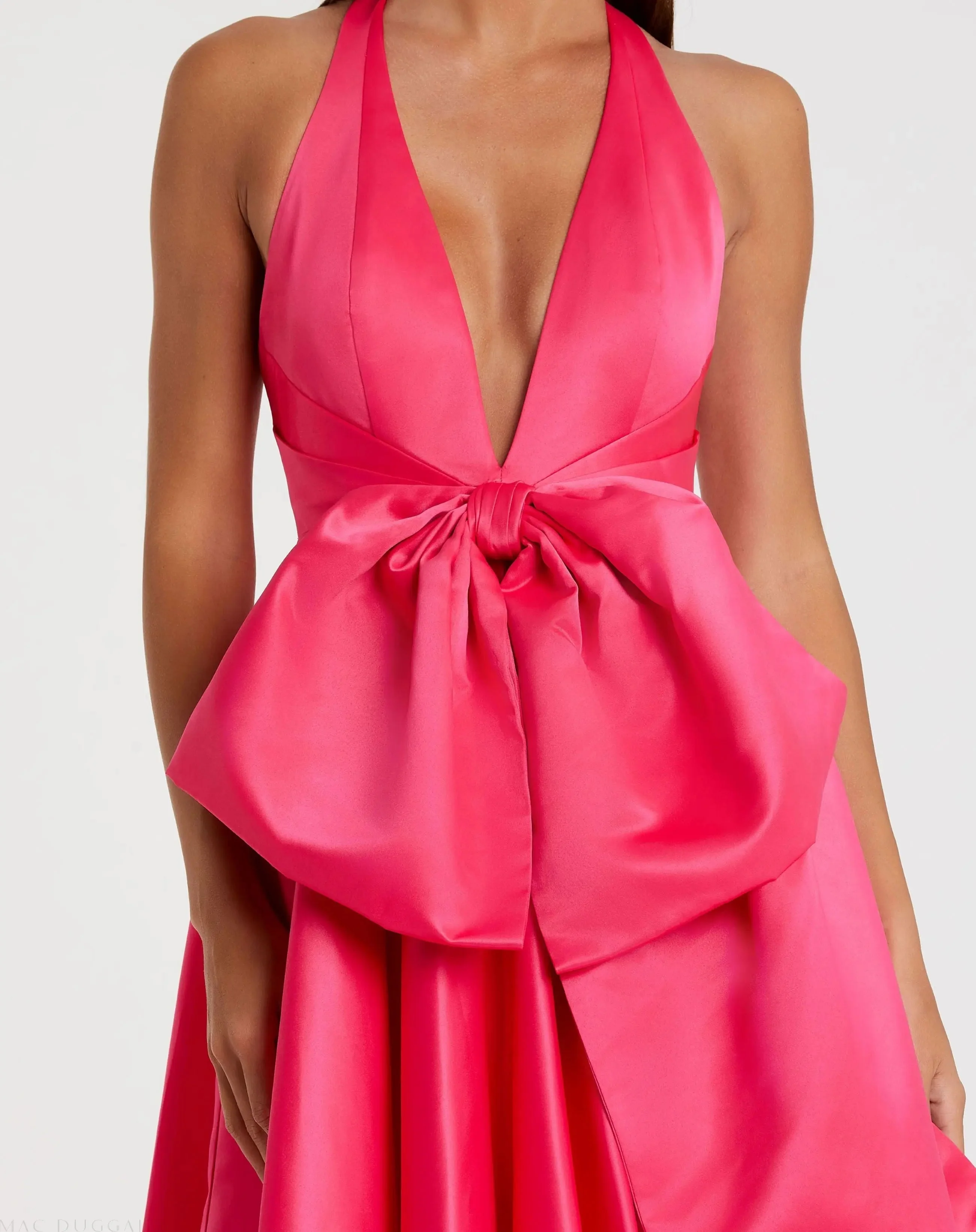 Pink Deep V Satin Ballgown with Oversized Bow