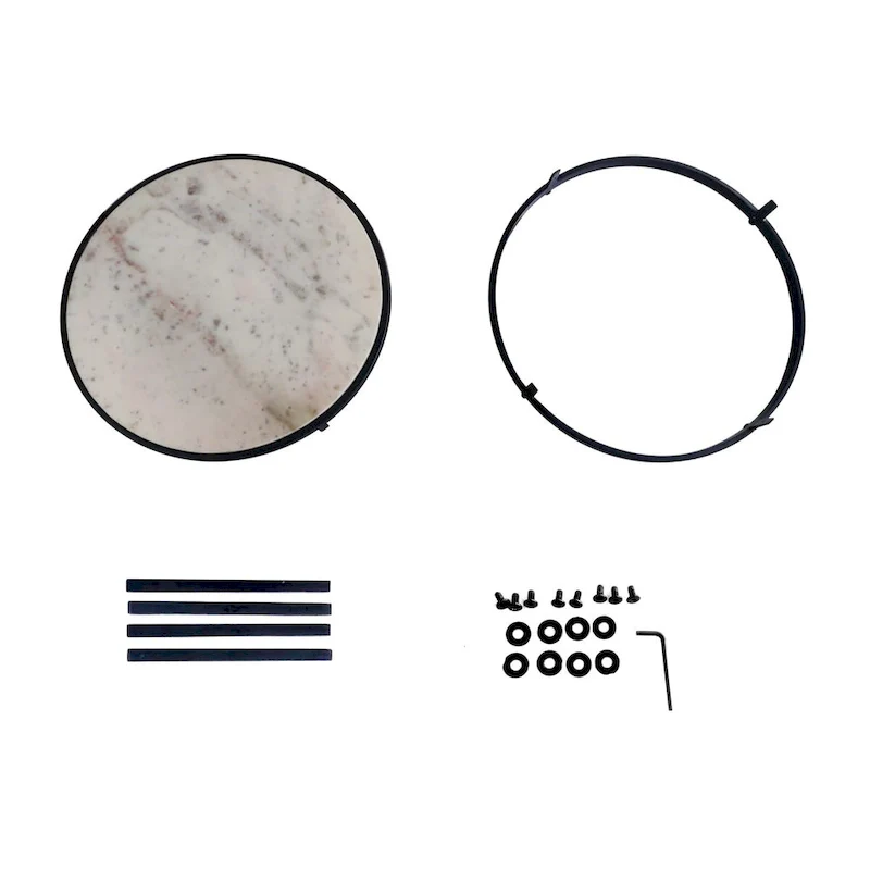 23 Inch Side End Table, Modern Round White Natural Marble Top, Classic Black Iron Frame