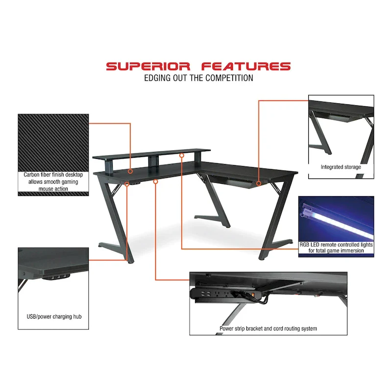 L-Shaped Gaming Desk with RGB Lighting and USB Hub