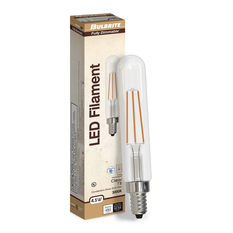 Bulbrite LED Filament Pack of (4) 4.5 Watt Dimmable T8 Light Bulb with Clear Glass Finish and Candelabra (E12) Base