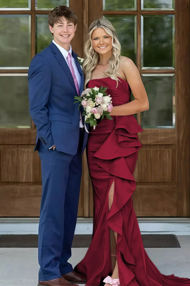 Pink Mermaid Strapless Satin Ruffled Long Prom Dresses with Slit