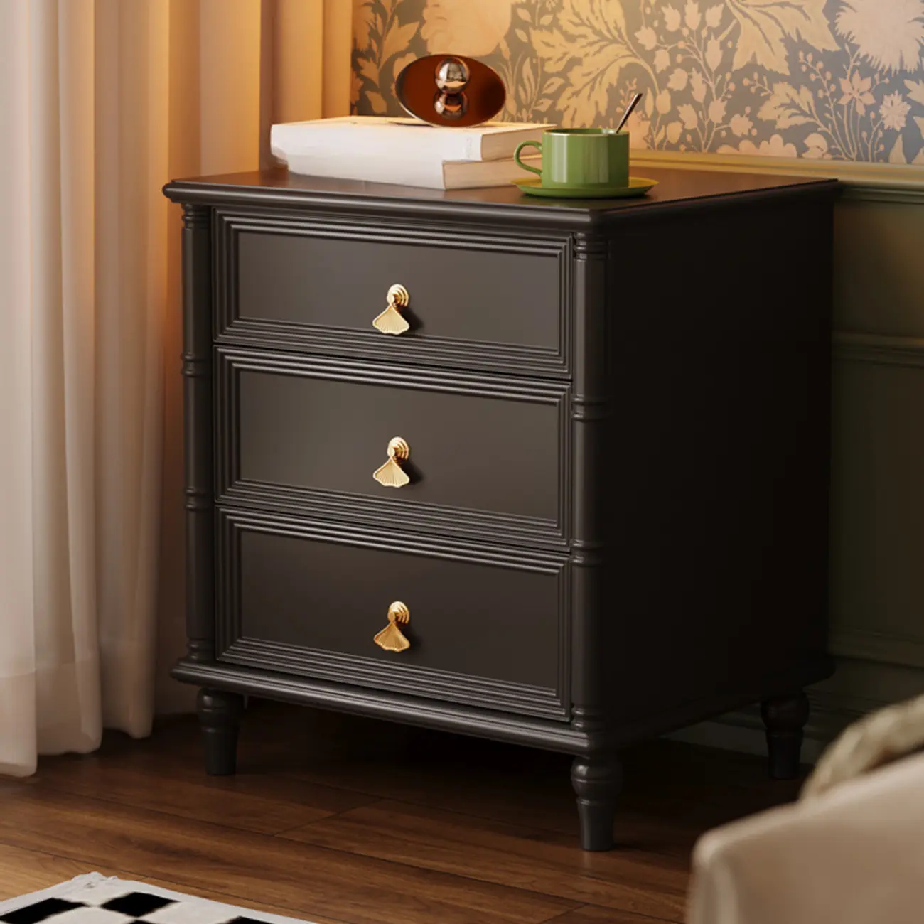 Traditional Rectangular Solid Wood 3-Drawer Black Nightstand