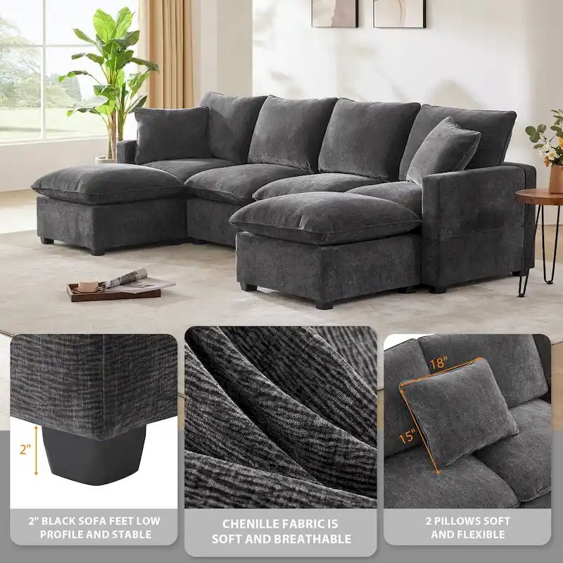 U Shape Modular Sofa, 6 Seat Chenille Deep Seat Sectional Couch