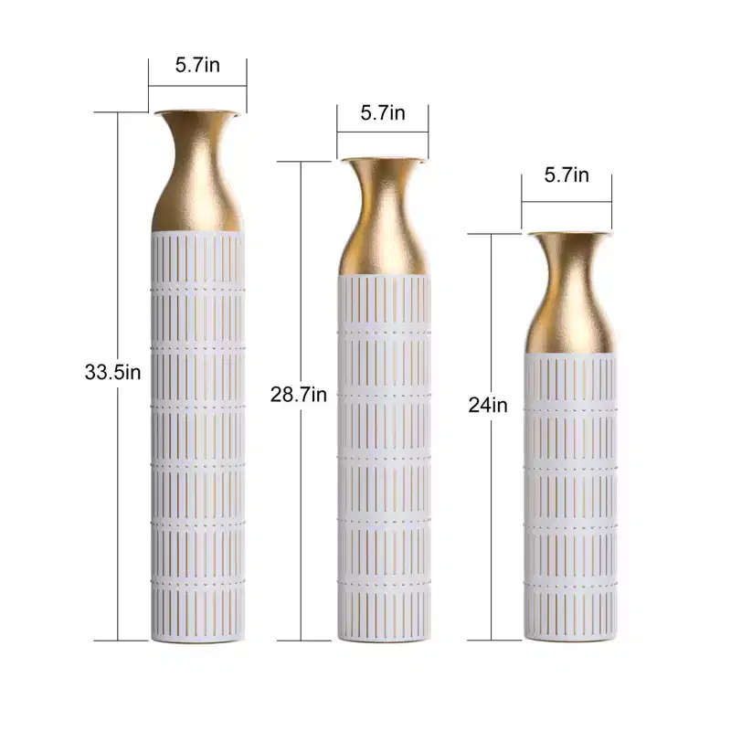 NAYSAYE Set of 3 Large Glazed Floor Vases, Sophisticated Metallic Finish for Modern Home Decor & Stunning Interior Accents, White PU, 20.68*6*35.89