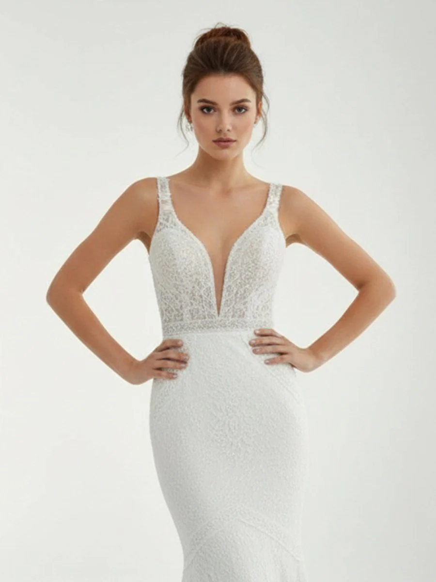 Mermaid White V Neck Illusion Wedding Dress