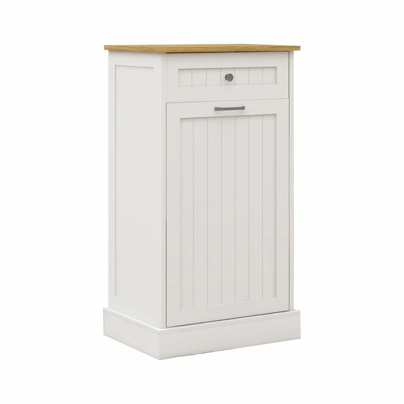White Tilt-Out Trash Cabinet with Drawer - Single Compartment for Kitchen